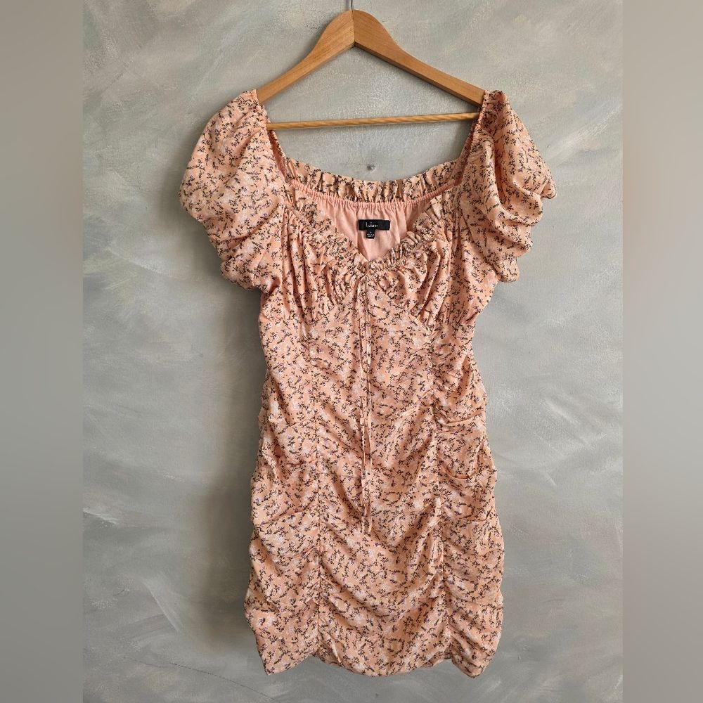 Lulus Reason to Be Peach Floral Print Off Shoulder Mini Dress Ruched Babydoll L